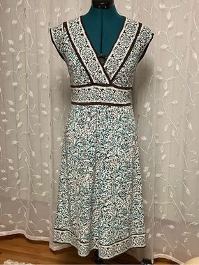 BCBGMaxAzria Light Blue, Green, Brown and White Midi Dress, Size M